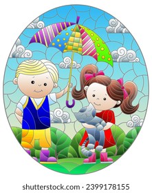An illustration in the style of a stained glass window with a boy and a girl under an umbrella against a cloudy sky, oval image