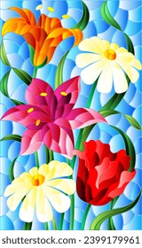 An illustration in the style of a stained glass window with a bright floral bouquet on a blue sky background