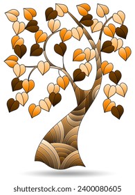 An illustration in the style of a stained glass window with a  tree , a plant isolated on a white background, tone brown