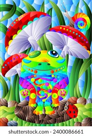 An illustration in the style of a stained glass window with a bright cartoon frog on a stone against a background of fly agarics, grass and blue sky