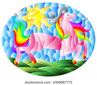 An illustration in the style of a stained glass window with an abstract horse on the background of a landscape with sun, oval image