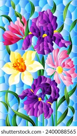 An illustration in the style of a stained glass window with a bright floral bouquet on a blue sky background