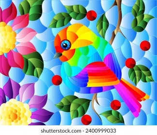 An illustration in the style of a stained glass window with a bright bird on the branches of a tree with flowers against the sky