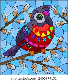 An illustration in the style of a stained glass window with a  cardinal bird on willow branches, against a blue sky