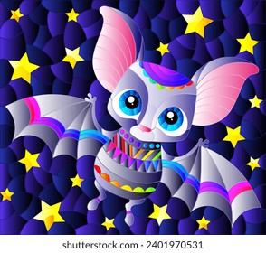 Illustration in the style of a stained glass window with a cute cartoon bat, an animal on the background of a starru night sky