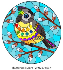 An illustration in the style of a stained glass window with a titmouse bird on willow branches, against a blue sky