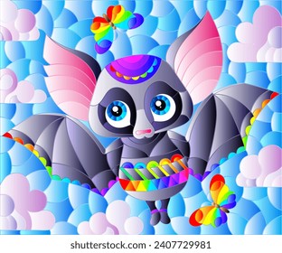 Illustration in the style of a stained glass window with a cute cartoon bat, an animal on the background of a cloudy sky