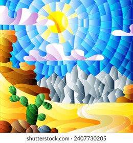 Illustration in the style of a stained glass window with a desert landscape, square image