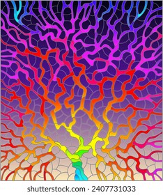 An illustration in the style of a stained glass window with an abstract bright tree on the background of the night sky