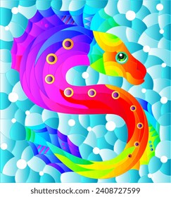 Illustration in the style of a stained glass window with a bright rainbow fish scalar on a background of blue water, rectangular image