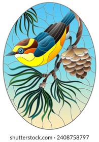 An illustration in the style of a stained glass window with a bright bird on a fir branch, against a blue sky background