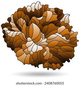 An illustration in the style of a stained glass window with a peony flower, a plant isolated on a white background, tone blue and brown