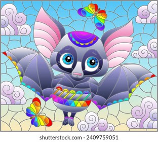 Illustration in the style of a stained glass window with a cute cartoon bat, an animal on the background of a cloudy sky