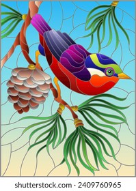 An illustration in the style of a stained glass window with a bright bird on a fir branch, against a blue sky background