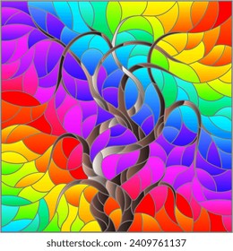 An illustration in the style of a stained glass window with an abstract tree on the bright background