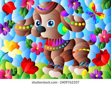 An illustration in the style of a stained glass window with a cute puppy on a background of sky, meadows and flowers