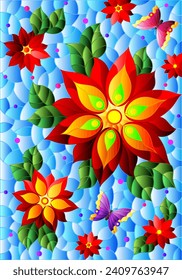 An illustration in the style of a stained glass window with bright red flowers on a blue background, a rectangular image