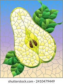 An illustration in the style of a stained glass window with a pear, cherries and leaves on a blue background