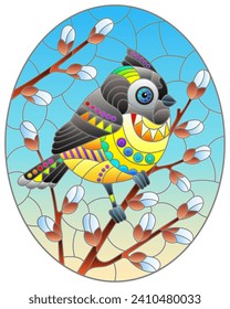 An illustration in the style of a stained glass window with a titmouse bird on willow branches, against a blue sky
