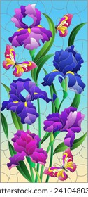 An illustration in the style of a stained glass window with a composition of iris flowers and butterflies on a blue background