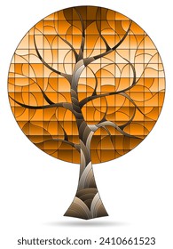 An illustration in the style of a stained glass window with a tree , a plant isolated on a white background, tone brown