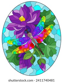 An illustration in the style of a stained glass window with a bright arrow and lotus flowers and leaves on a blue background