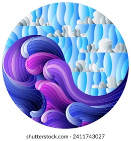 Illustration in the style of a stained glass window with a seascape, waves, and a cloudy sky, round image