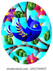 An illustration in the style of a stained glass window with a bright bird on the branches of a tree with flowers against the sky, oval image