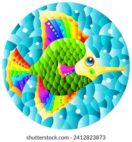 Illustration in the style of a stained glass window with a bright rainbow fish scalar on a background of blue water, oval image 