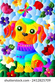 An illustration in the style of a stained glass window with a cute puppy on a background of sky, meadows and flowers