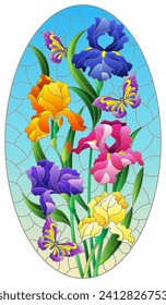 An illustration in the style of a stained glass window with a composition of iris flowers and butterflies on a blue background