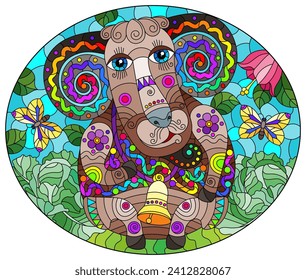 An illustration in the style of a stained glass window with a cute cartoon ram on the background of a meadow, bell flowers and a blue sky, oval image