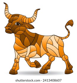 Illustration in the style of a stained glass window with an abstract bull, animal isolated on a white background, tone brown