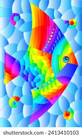 Illustration in the style of a stained glass window with a bright rainbow fish scalar on a background of blue water, rectangular image