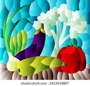 An illustration in the style of a stained glass window with a composition of ripe fresh vegetables on a table on a blue background