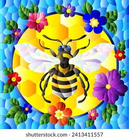 Illustration in the style of a stained glass window with a bee in a circle on a background of honeycombs and bright flowers, rectangular image