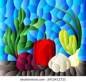 An illustration in the style of a stained glass window with a composition of ripe fresh vegetables on a table on a blue background