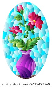 Illustration in the style of a stained glass window with a floral still life, a vase with pink  flowers  on a blue background, oval image 