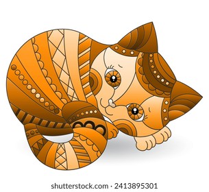 An illustration in the style of a stained glass window with a cute cat, an animal isolated on a white background, tone brown
