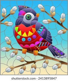 An illustration in the style of a stained glass window with a  cardinal bird on willow branches, against a blue sky