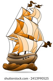 Illustration in the style of a stained glass window with a sailing ship, isolated on a white background, tone brown
