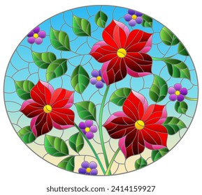 Illustration in the style of a stained glass window with a floral arrangement on a blue background, oval image