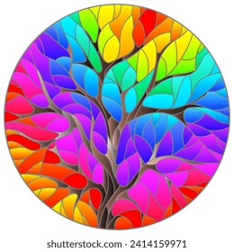 An illustration in the style of a stained glass window with an abstract tree on the bright background,round image