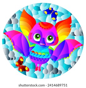 Illustration in the style of a stained glass window with a cute cartoon rainbow bat, an animal on the background of a cloudy sky, oval image