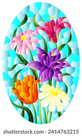 An illustration in the style of a stained glass window with a bright floral bouquet on a blue sky background, oval image