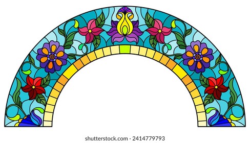 An illustration in the style of a stained glass window with an arch with flowers and swirls on a blue background