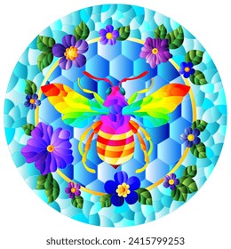 Illustration in the style of a stained glass window with a rainbow bee in a circle on a background of honeycombs and bright flowers, round image