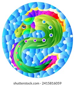 Illustration in the style of a stained glass window with a bright rainbow fish scalar on a background of blue water, oval image