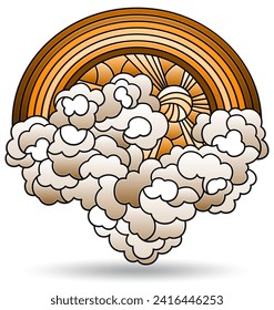 An illustration in the style of a stained glass window with a cloud and a rainbow isolated on a white background, tone brown