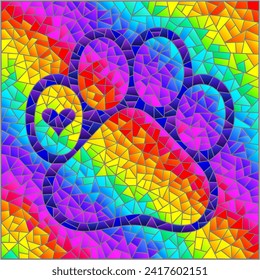 An illustration in the style of a stained glass window with a cat's paw on a bright rainbow background